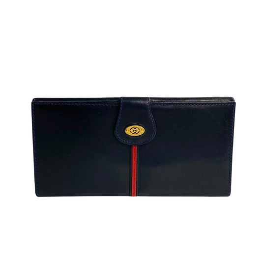 GUCCI Long Wallet Purse leather Navy GG logo Metal Sherry line Women Used Authentic