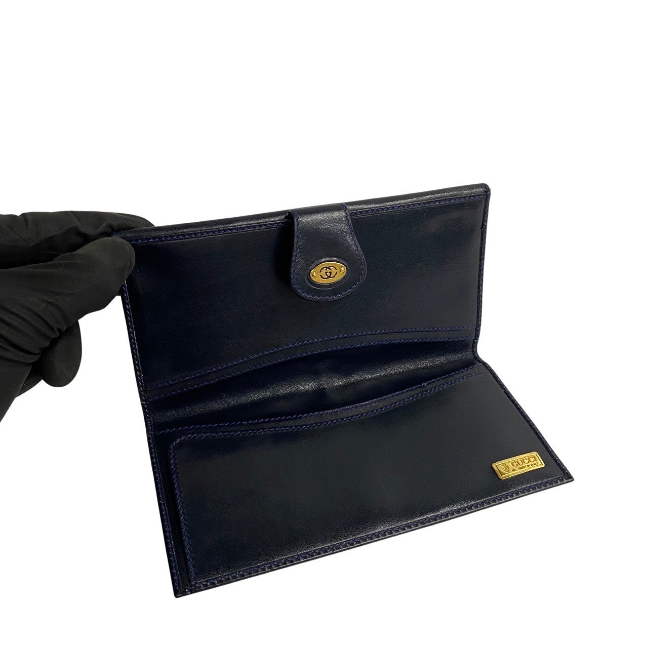 GUCCI Long Wallet Purse leather Navy GG logo Metal Sherry line Women Used Authentic