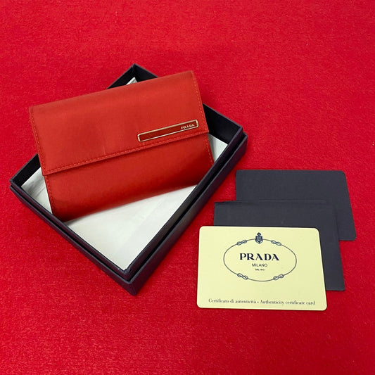 PRADA Bifold Wallet Nylon, Leather Red Women Used Authentic