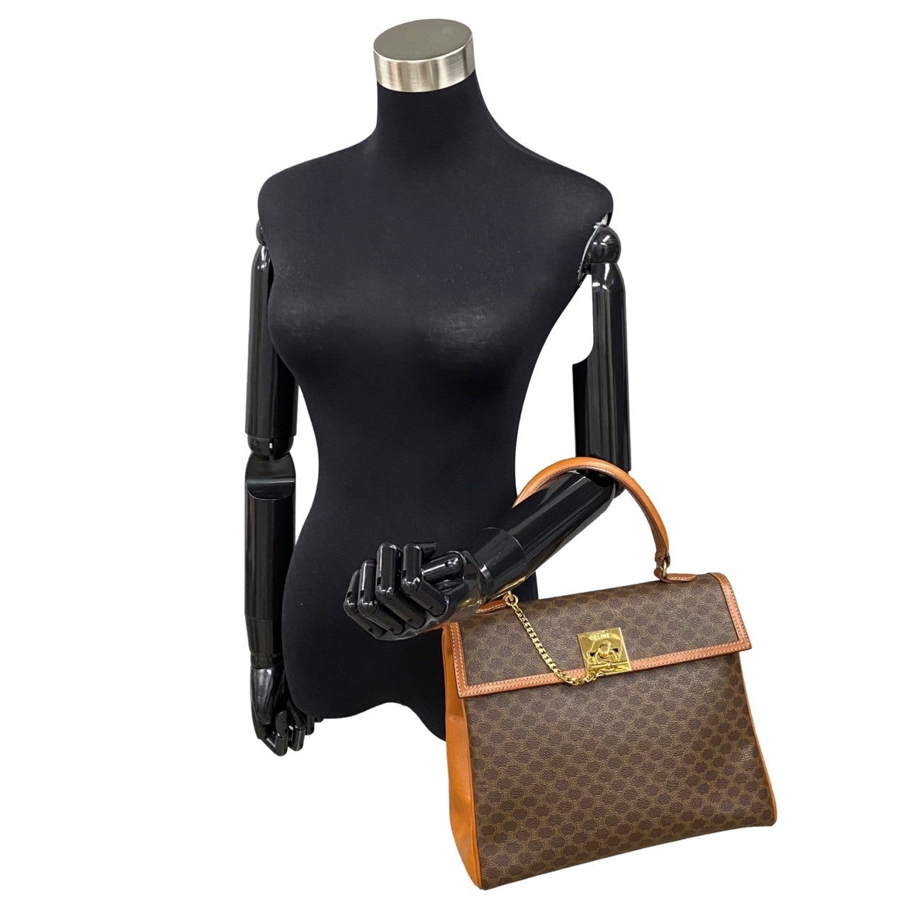 CELINE Handbag Leather, PVC Brown Macadam Blason Triomphe Pattern logo ring Metal Women(Unisex) Used Authentic