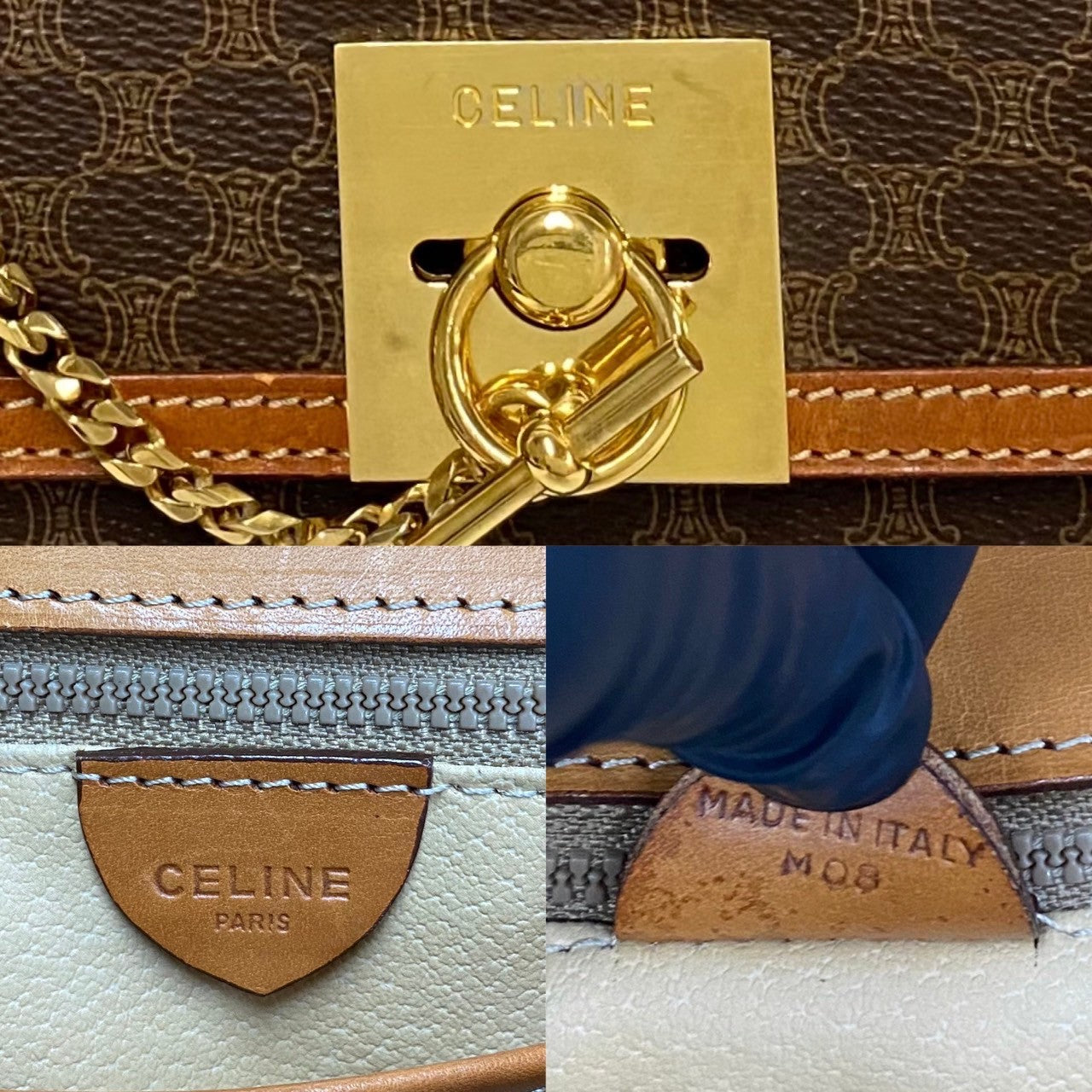 CELINE Handbag Leather, PVC Brown Macadam Blason Triomphe Pattern logo ring Metal Women(Unisex) Used Authentic