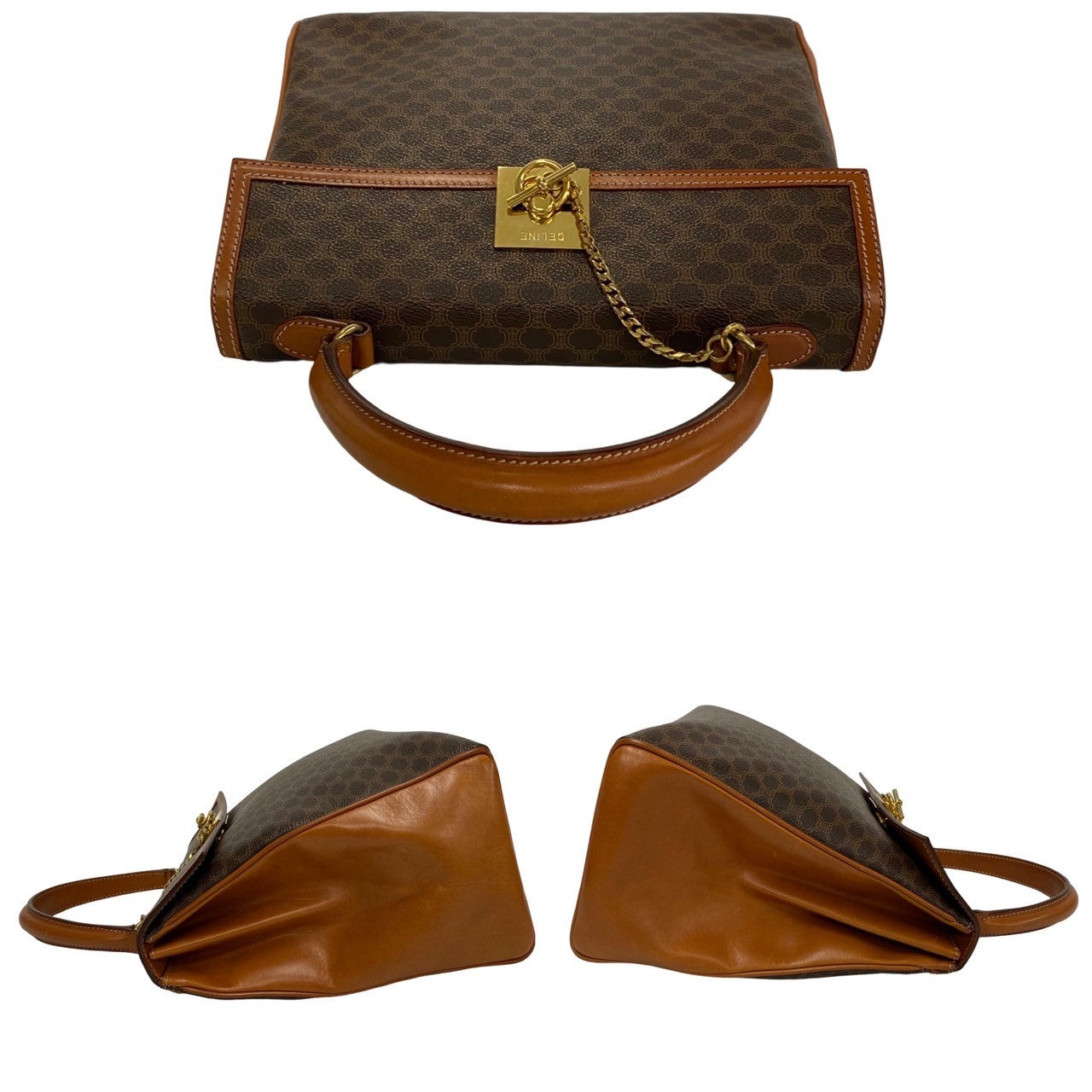 CELINE Handbag Leather, PVC Brown Macadam Blason Triomphe Pattern logo ring Metal Women(Unisex) Used Authentic