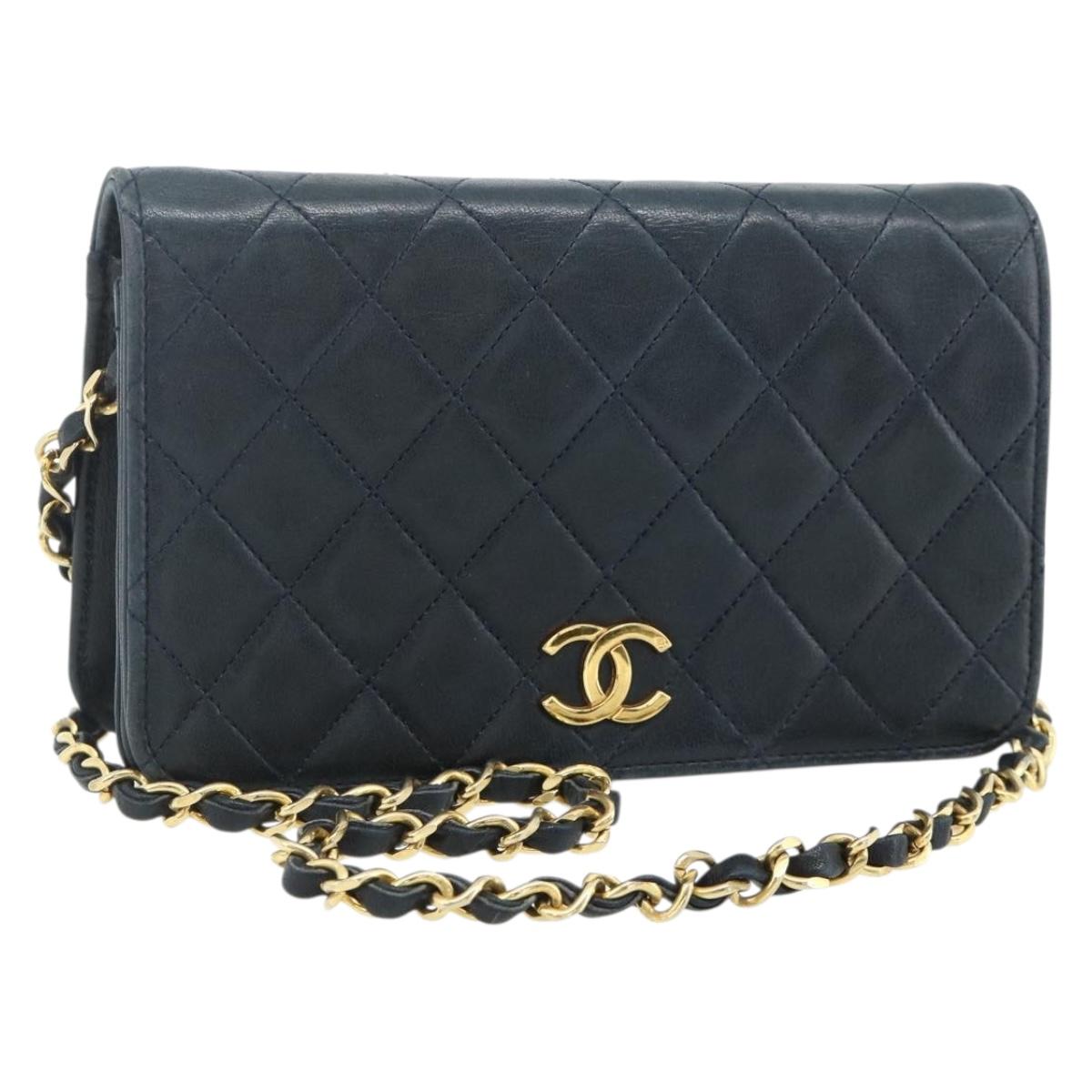 CHANEL Push Lock Chain Shoulder Bag Lambskin Navy Gold CC