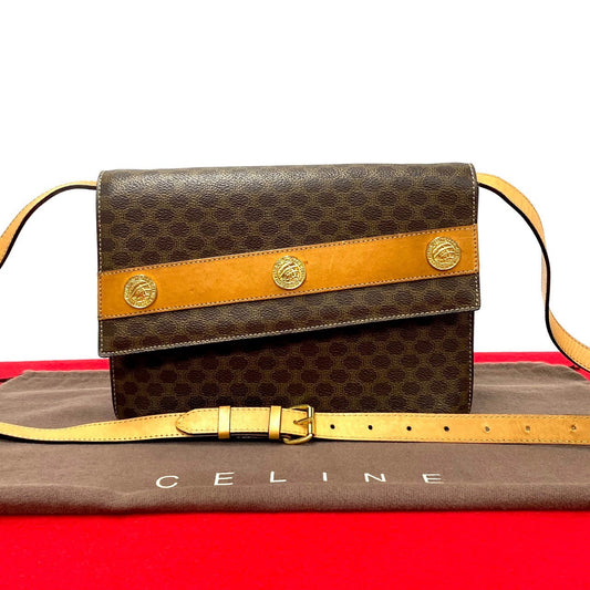CELINE Shoulder Bag Leather, PVC Brown Macadam Blason Triomphe Pattern Women Used Authentic