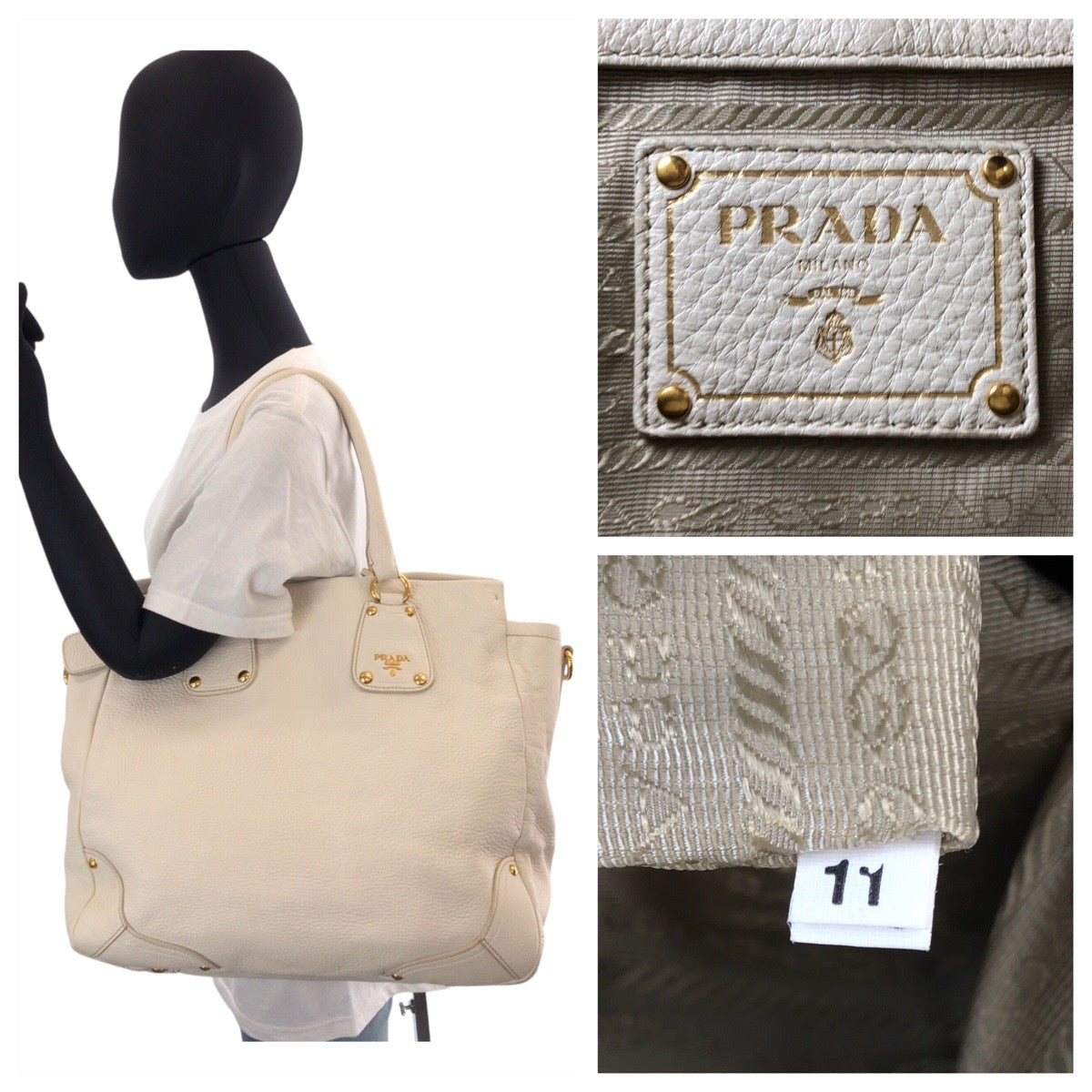 PRADA Tote Bag leather White Ivory Gold Metal Tote Bag Shoulder Bag 2way Vitterodino Women Used Authentic