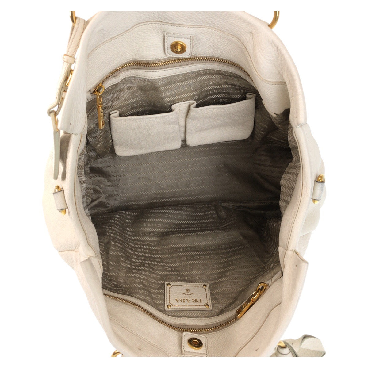 PRADA Tote Bag leather White Ivory Gold Metal Tote Bag Shoulder Bag 2way Vitterodino Women Used Authentic