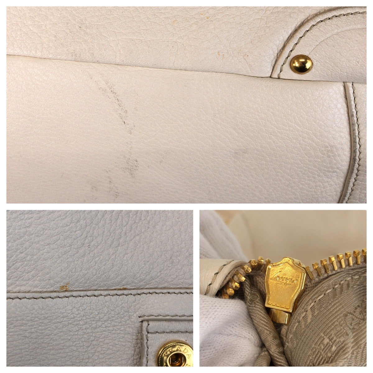 PRADA Tote Bag leather White Ivory Gold Metal Tote Bag Shoulder Bag 2way Vitterodino Women Used Authentic