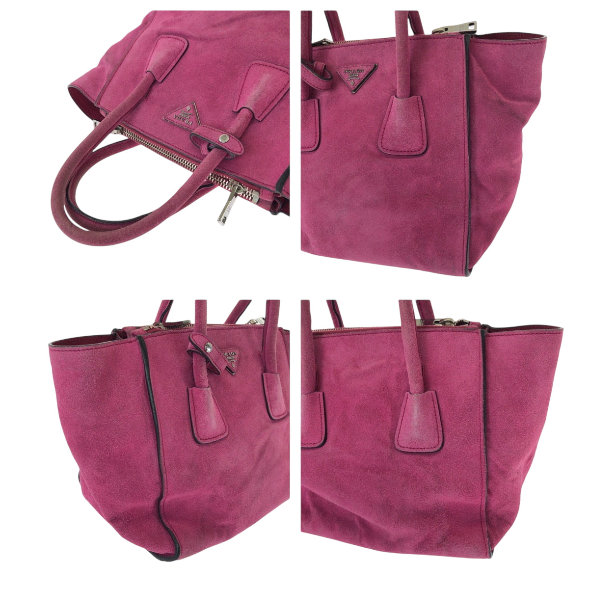 PRADA Tote Bag BN2625 Suede Pink SilverMetal Tote Bag Shoulder Bag Handbag Triangle With logo Women Used Authentic