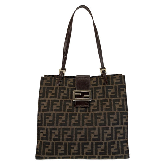 FENDI Tote Bag Canvas, Leather Brown Silver Metal Tote Bag Shoulder Bag Zucca Women Used Authentic