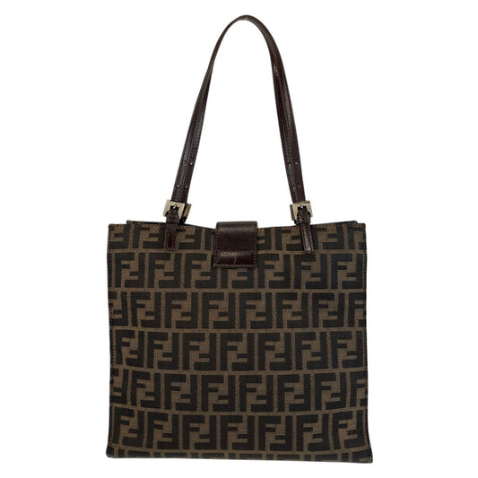 FENDI Tote Bag Canvas, Leather Brown Silver Metal Tote Bag Shoulder Bag Zucca Women Used Authentic