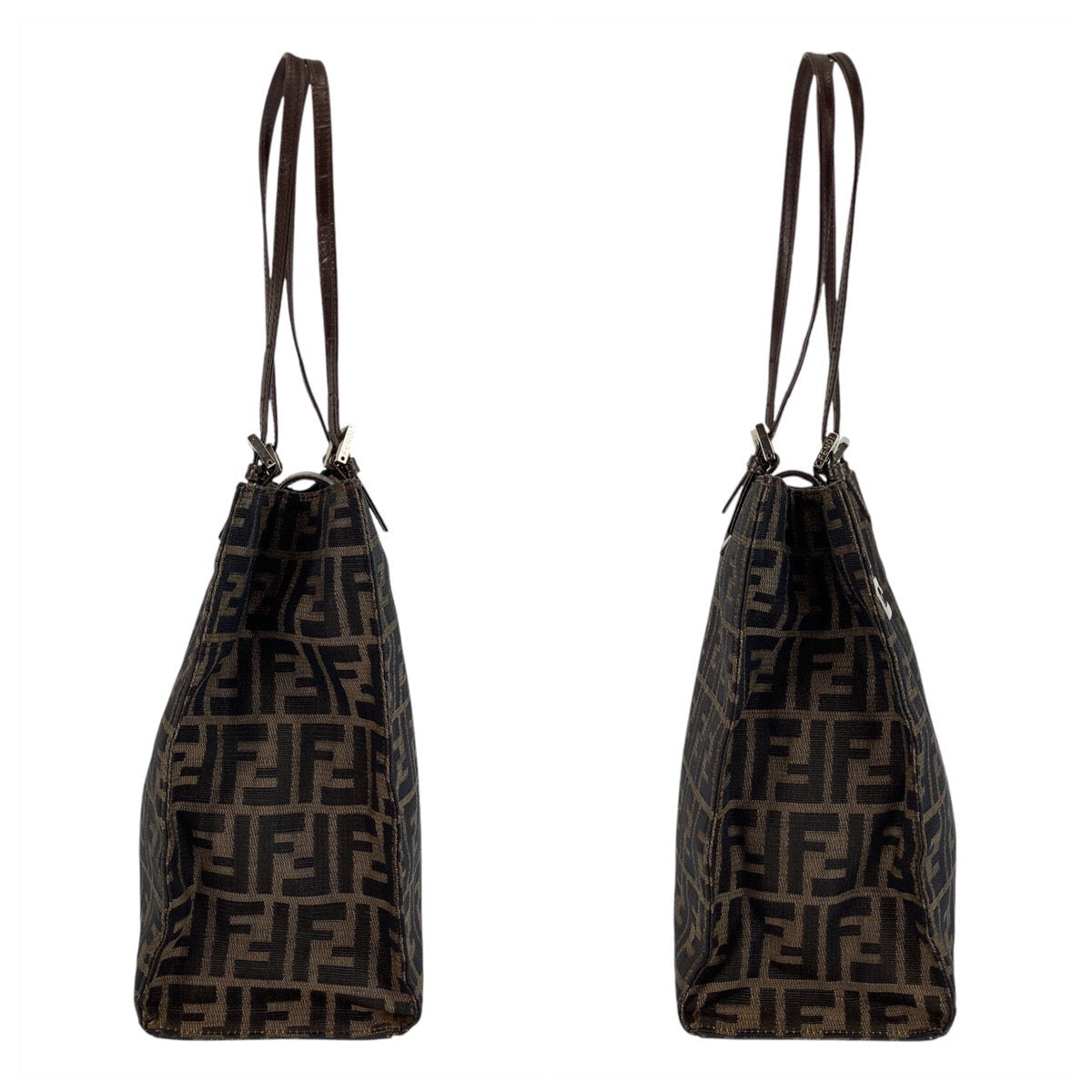 FENDI Tote Bag Canvas, Leather Brown Silver Metal Tote Bag Shoulder Bag Zucca Women Used Authentic