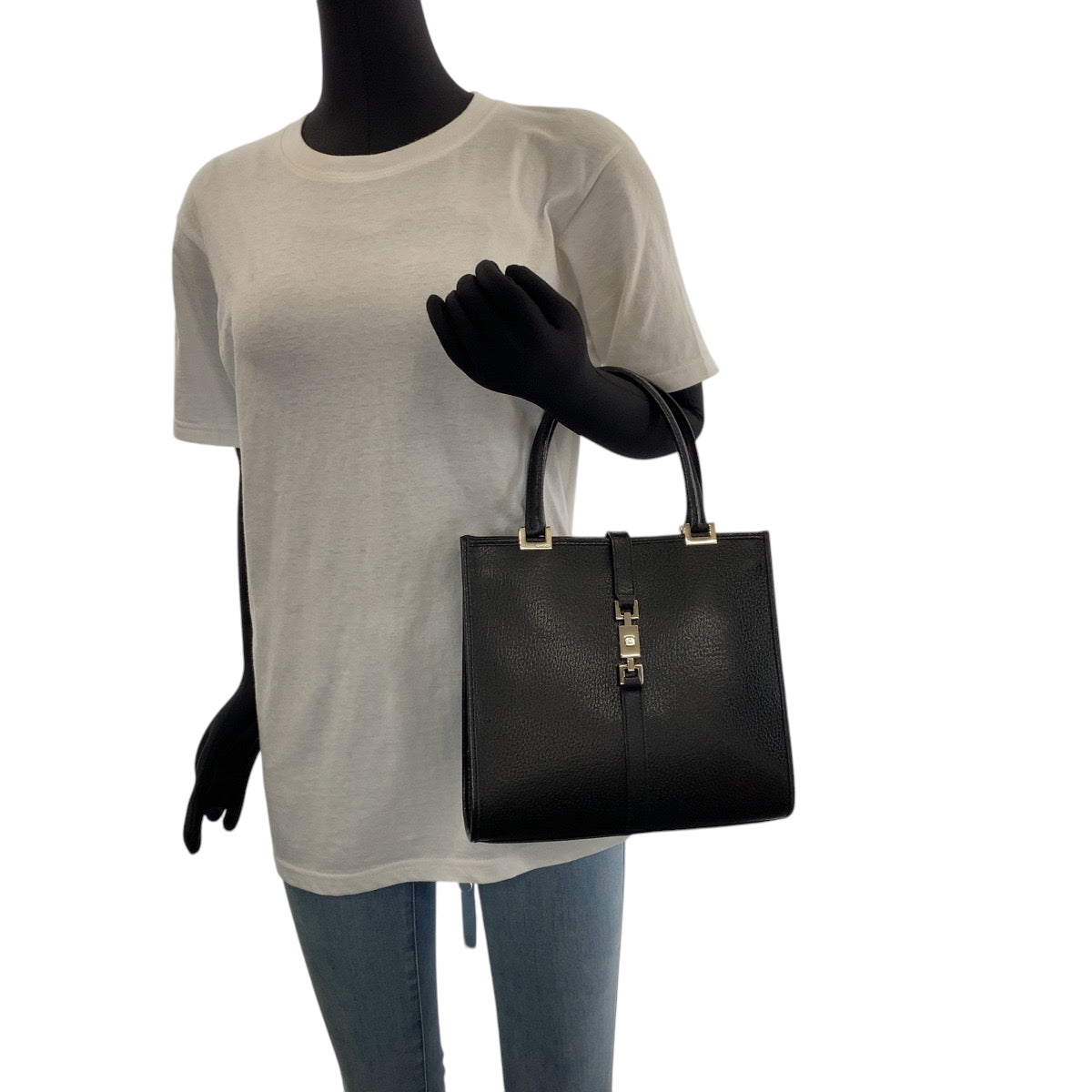 GUCCI Tote Bag 002 1065 leather Black SilverMetal Tote Bag handbag Jackie Women Used Authentic