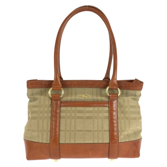 BURBERRY Tote Bag Canvas, Leather Brown Check Pattern Women Used Authentic