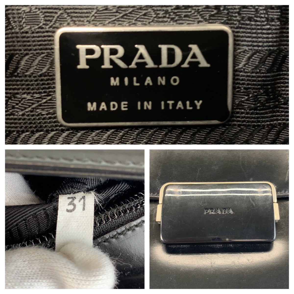 PRADA Shoulder Bag leather Black Silver Metal Shoulder Bag handbag Women Used Authentic