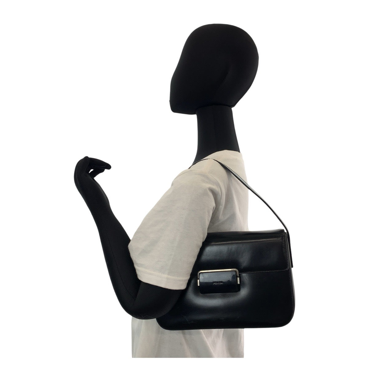 PRADA Shoulder Bag leather Black Silver Metal Shoulder Bag handbag Women Used Authentic