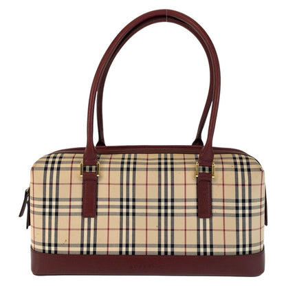 BURBERRY Shoulder Bag Canvas, Leather Beige Bordeaux Gold Metal Shoulder Bag Check Pattern Women Used Authentic