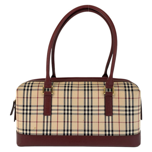 BURBERRY Shoulder Bag Canvas, Leather Beige Bordeaux Gold Metal Shoulder Bag Check Pattern Women Used Authentic