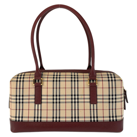 BURBERRY Shoulder Bag Canvas, Leather Beige Bordeaux Gold Metal Shoulder Bag Check Pattern Women Used Authentic