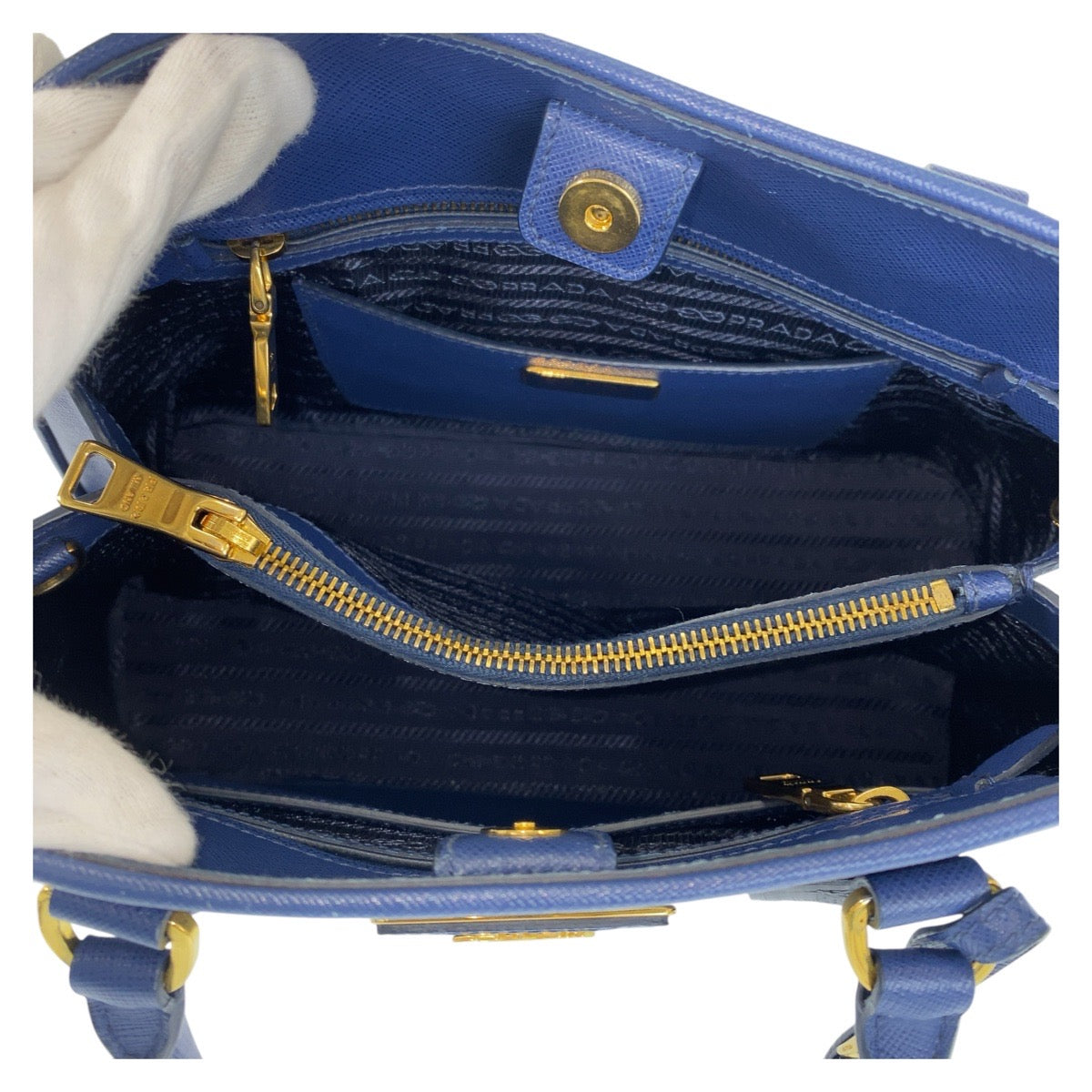 PRADA Handbag leather Blue GoldMetal Handbag Shoulder Bag 2way Safiano Women Used Authentic