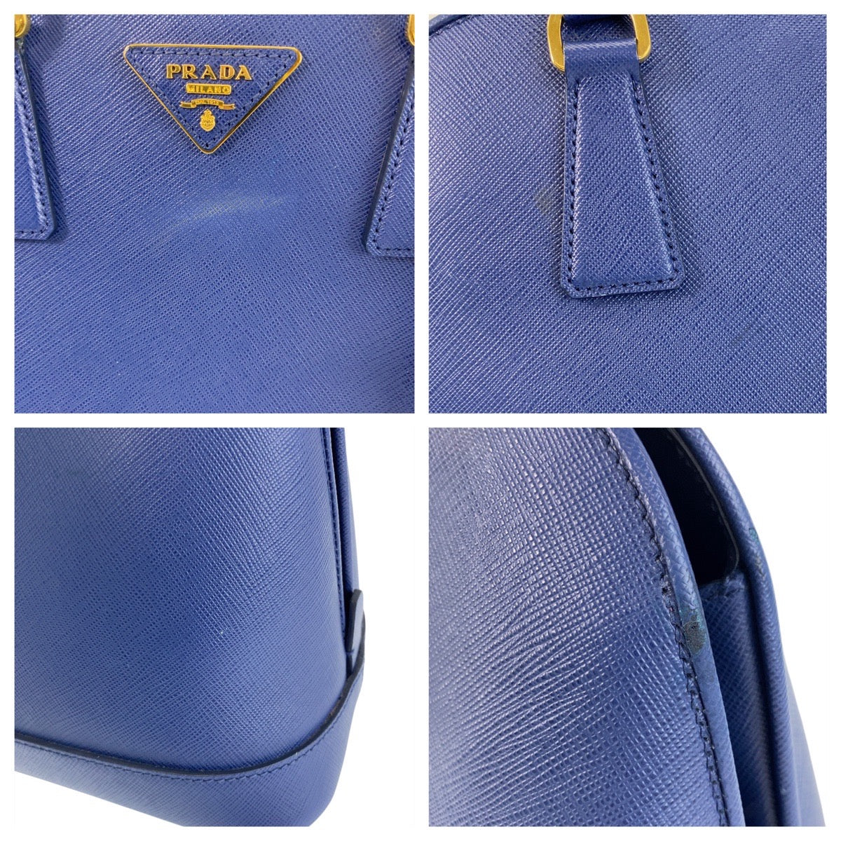 PRADA Handbag leather Blue GoldMetal Handbag Shoulder Bag 2way Safiano Women Used Authentic