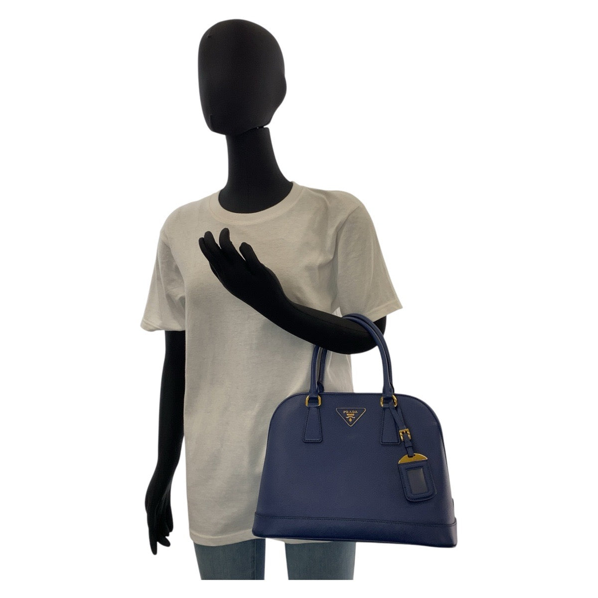 PRADA Handbag leather Blue GoldMetal Handbag Shoulder Bag 2way Safiano Women Used Authentic