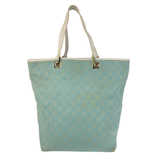 GUCCI Tote Bag 002 1098 GG canvas, leather Mint Light Blue Gold Metal Tote Bag Shoulder Bag Women Used Authentic