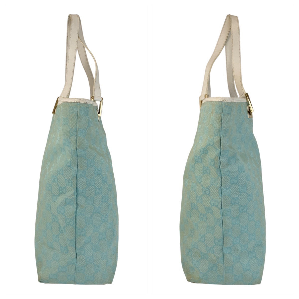 GUCCI Tote Bag 002 1098 GG canvas, leather Mint Light Blue Gold Metal Tote Bag Shoulder Bag Women Used Authentic
