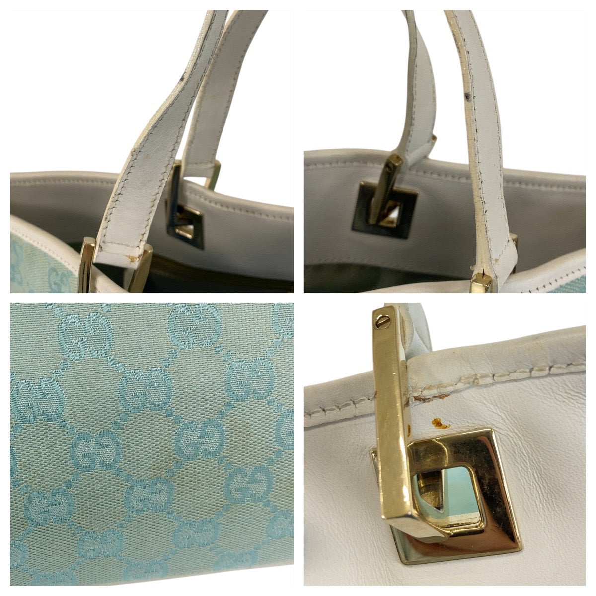 GUCCI Tote Bag 002 1098 GG canvas, leather Mint Light Blue Gold Metal Tote Bag Shoulder Bag Women Used Authentic