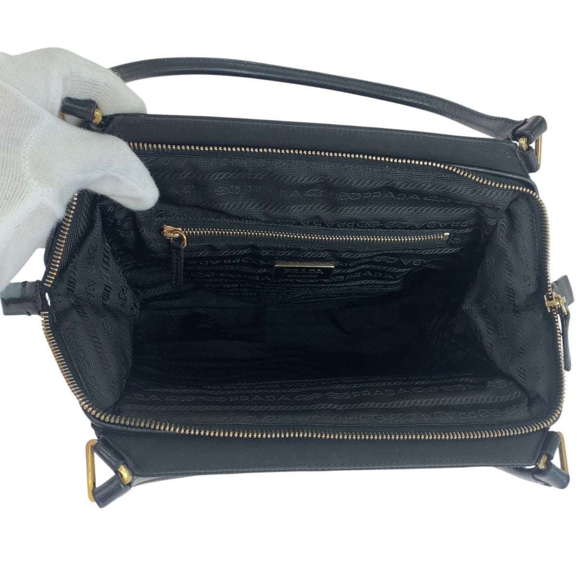 PRADA Tote Bag Nylon, Leather Black GoldMetal Tote Bag handbag Test Triangle With logo Women Used Authentic