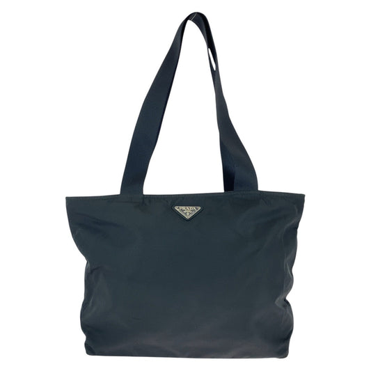 PRADA Tote Bag Nylon Black SilverMetal Tote Bag Shoulder Bag Test Triangle With logo Women Used Authentic