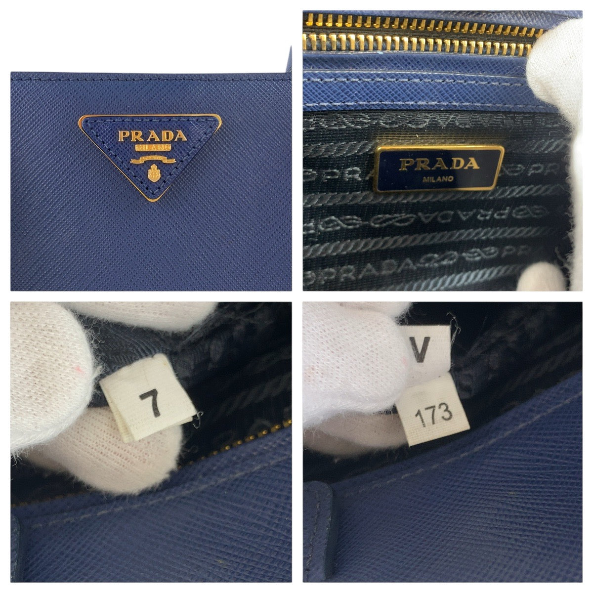 PRADA Tote Bag leather Blue GoldMetal Tote Bag Shoulder Bag 2way Safiano Galleria TriangleWith logo Women Used Authentic