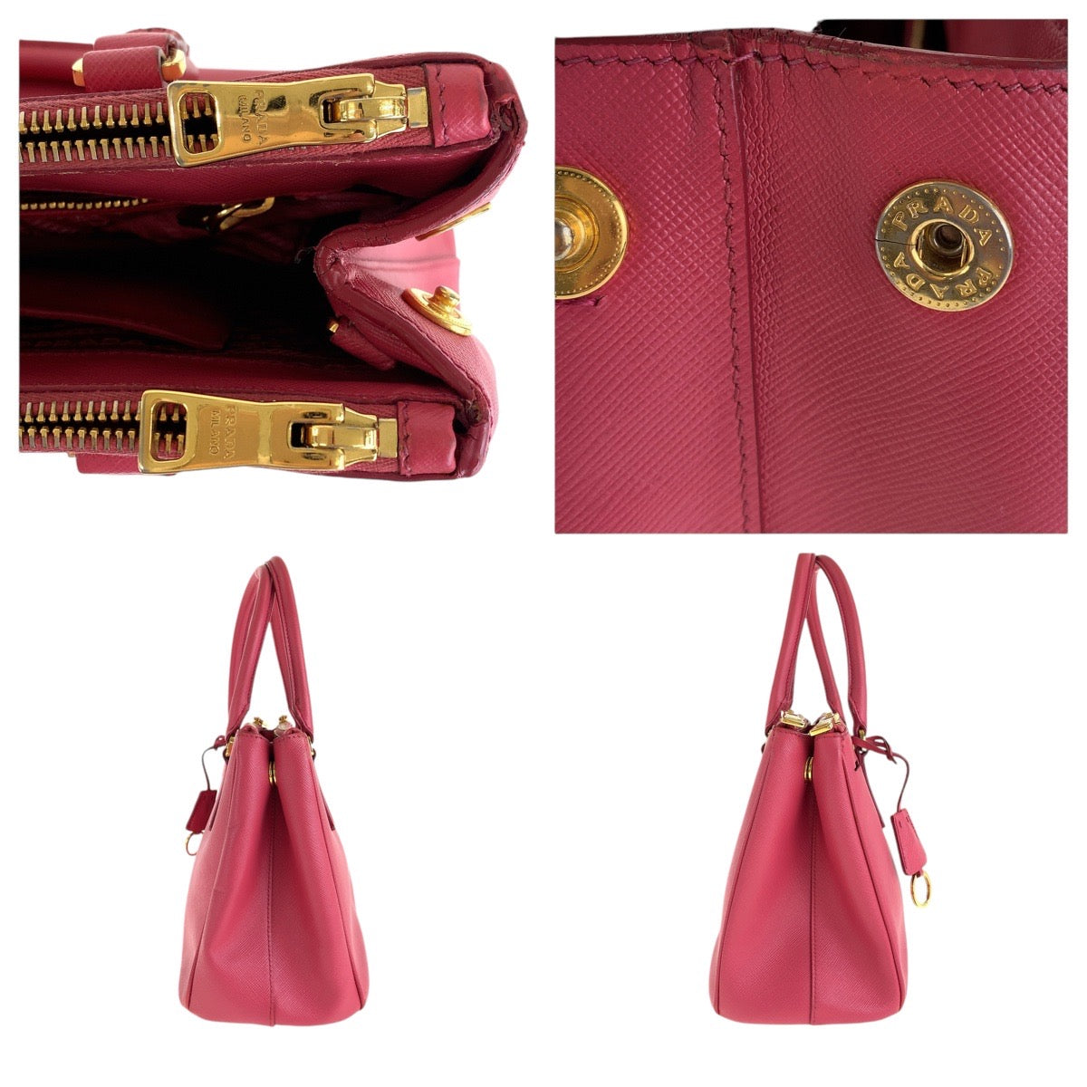 PRADA Tote Bag leather Pink Gold Metal Tote Bag Shoulder Bag 2way Safiano Galleria TriangleWith logo Women Used Authentic