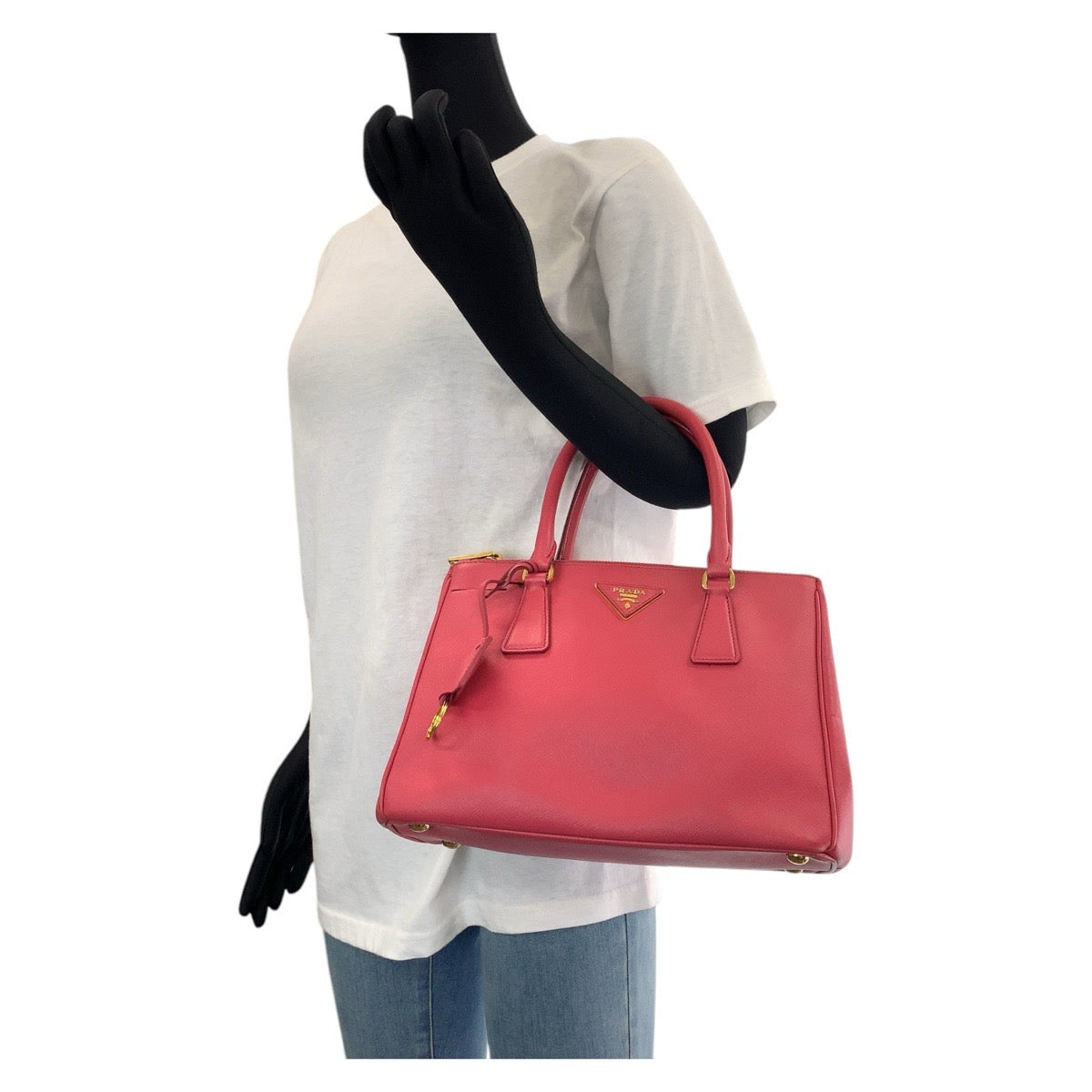 PRADA Tote Bag leather Pink Gold Metal Tote Bag Shoulder Bag 2way Safiano Galleria TriangleWith logo Women Used Authentic