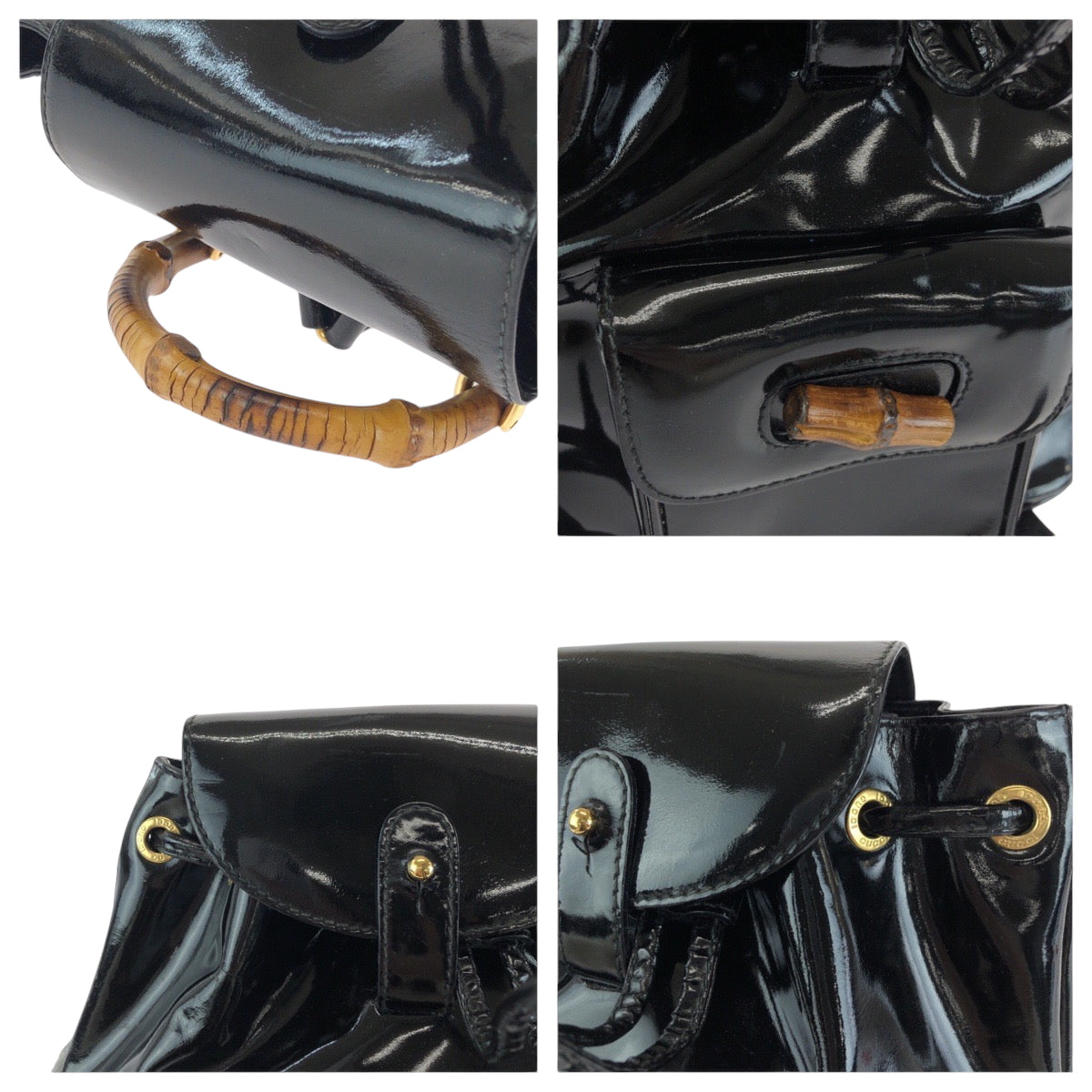 GUCCI Backpack 003 2850 0030 Patent leather Black GoldMetal Backpack Backpack Bamboo Women Used Authentic