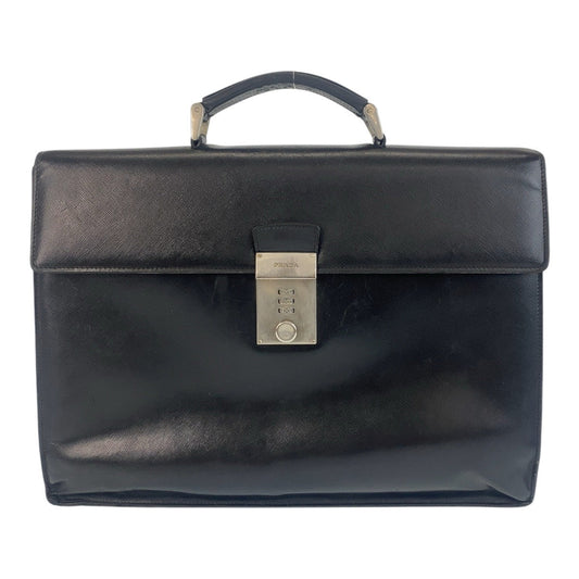 PRADA Business bag leather Black SilverMetal Business bag briefcase Safiano mens Used Authentic