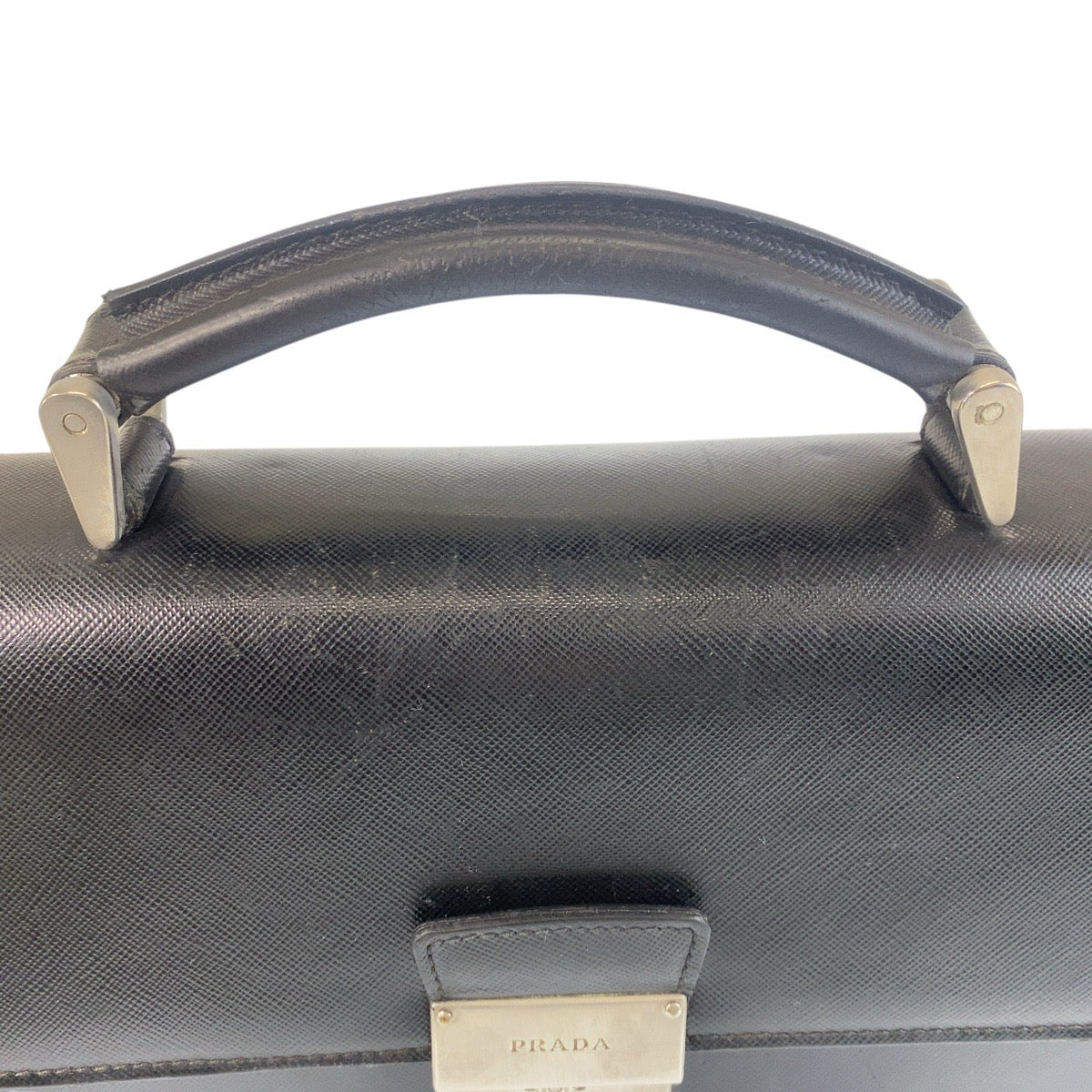 PRADA Business bag leather Black SilverMetal Business bag briefcase Safiano mens Used Authentic