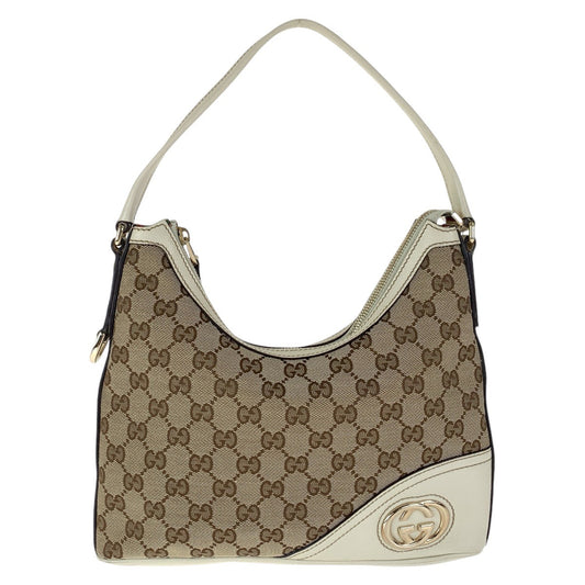 GUCCI Shoulder Bag 182489 GG canvas, leather White Brown Gold Metal Interlocking Women Used Authentic