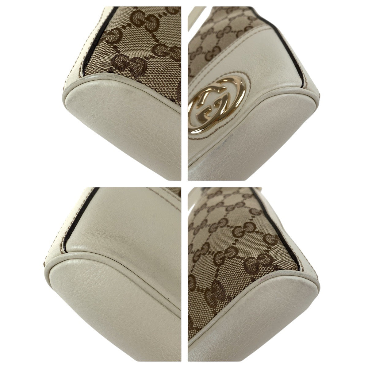 GUCCI Shoulder Bag 182489 GG canvas, leather White Brown Gold Metal Interlocking Women Used Authentic