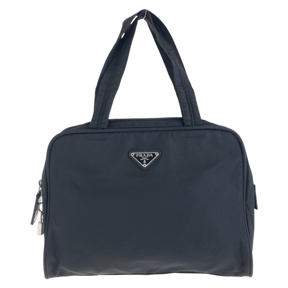 PRADA Tote Bag Nylon Black SilverMetal Tote Bag handbag Test Triangle With logo Women Used Authentic