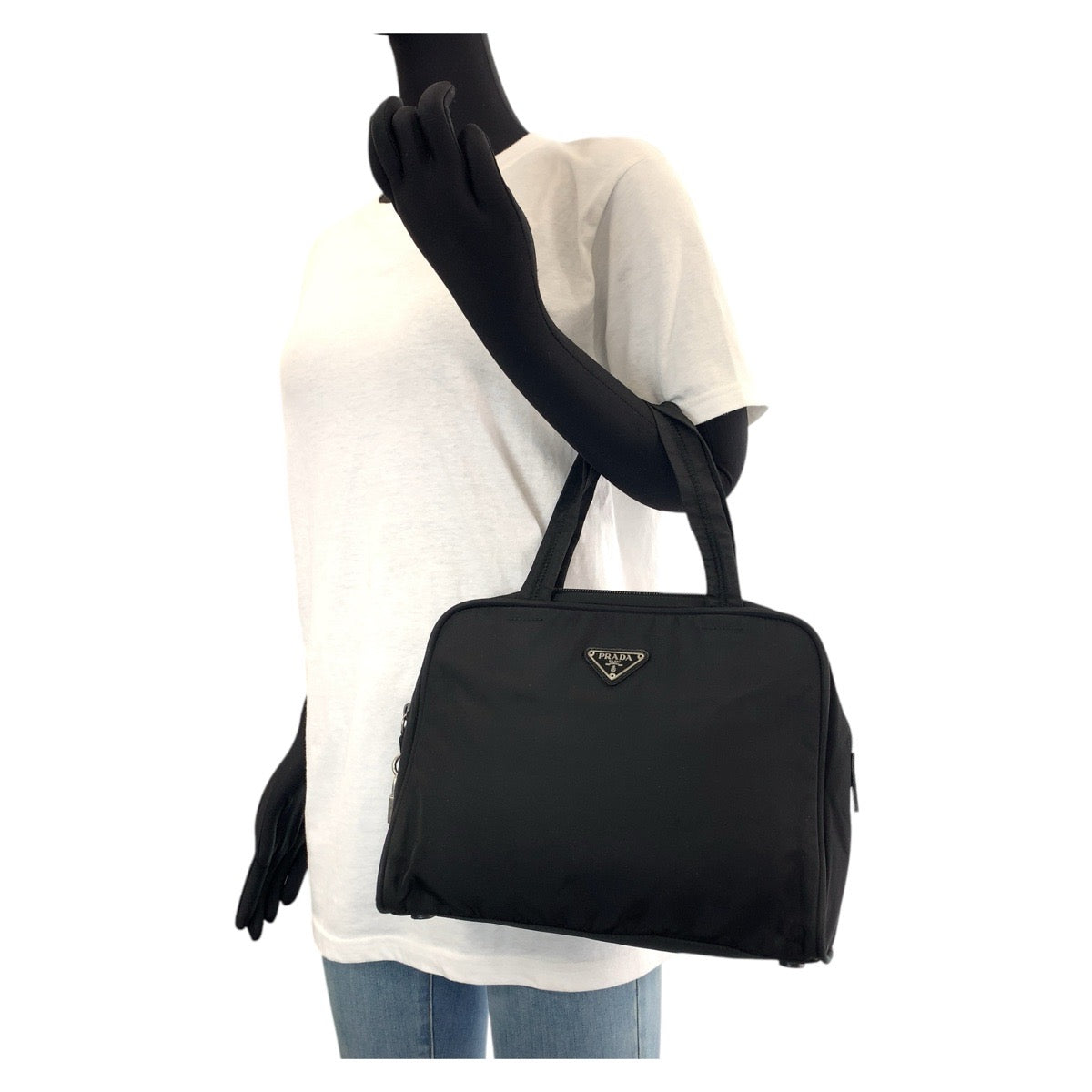 PRADA Tote Bag Nylon Black SilverMetal Tote Bag handbag Test Triangle With logo Women Used Authentic