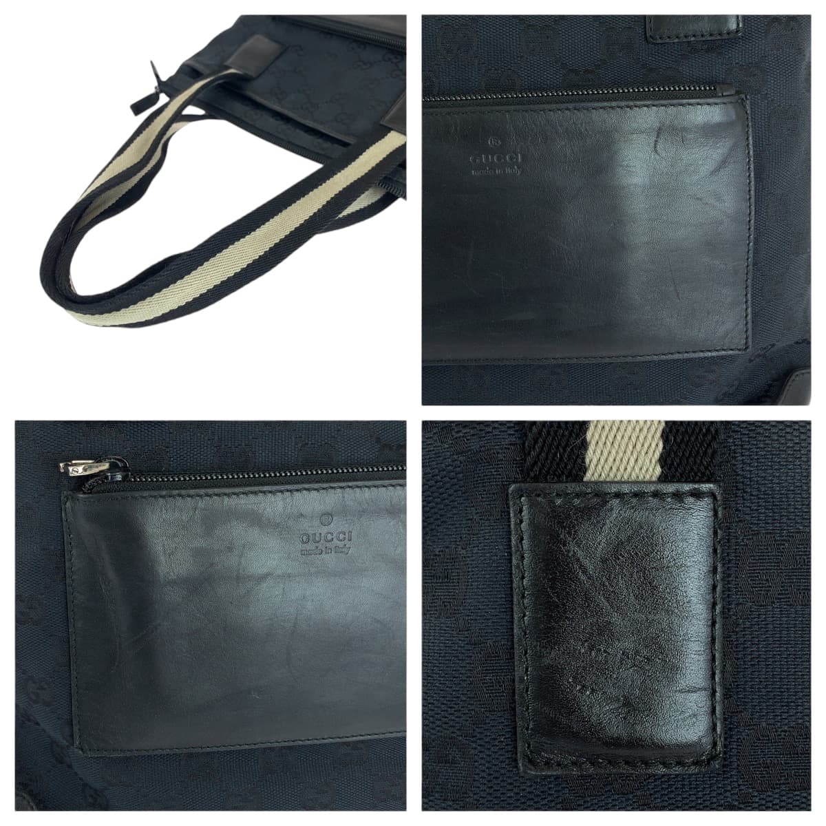 GUCCI Tote Bag 019 0402 GG canvas Black Beige SilverMetal Tote Bag Shoulder Bag Women Used Authentic
