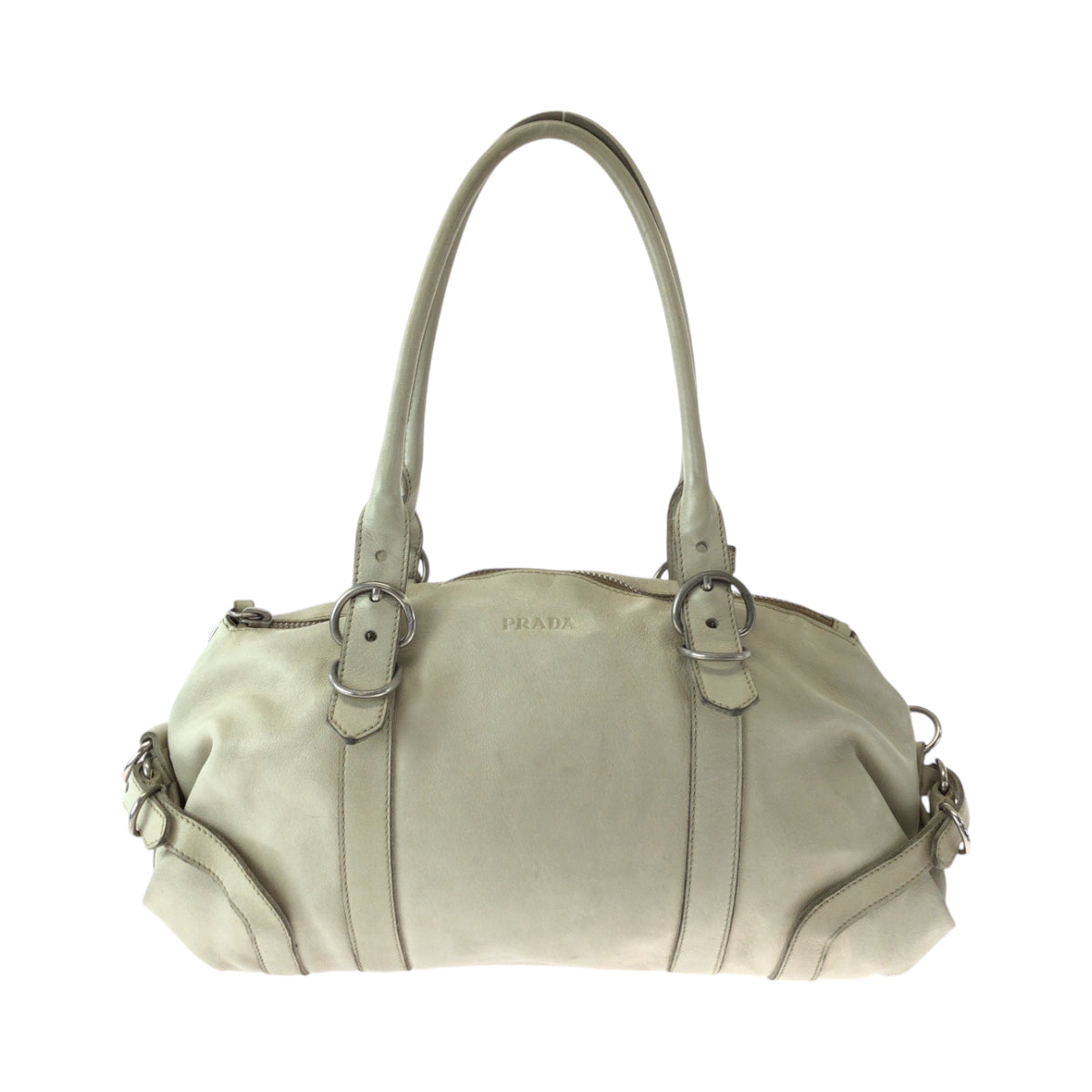 PRADA Handbag leather White SilverMetal Handbag Shoulder Bag Women Used Authentic