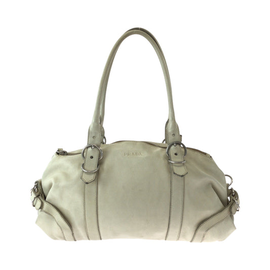 PRADA Handbag leather White SilverMetal Handbag Shoulder Bag Women Used Authentic