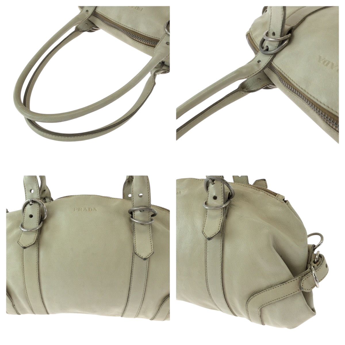 PRADA Handbag leather White SilverMetal Handbag Shoulder Bag Women Used Authentic