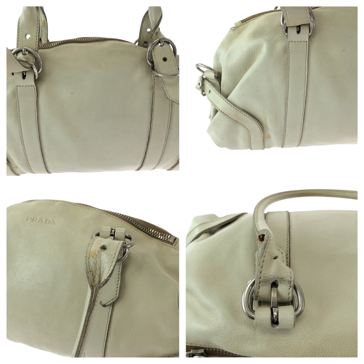 PRADA Handbag leather White SilverMetal Handbag Shoulder Bag Women Used Authentic