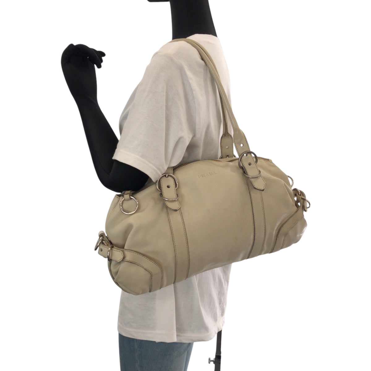 PRADA Handbag leather White SilverMetal Handbag Shoulder Bag Women Used Authentic