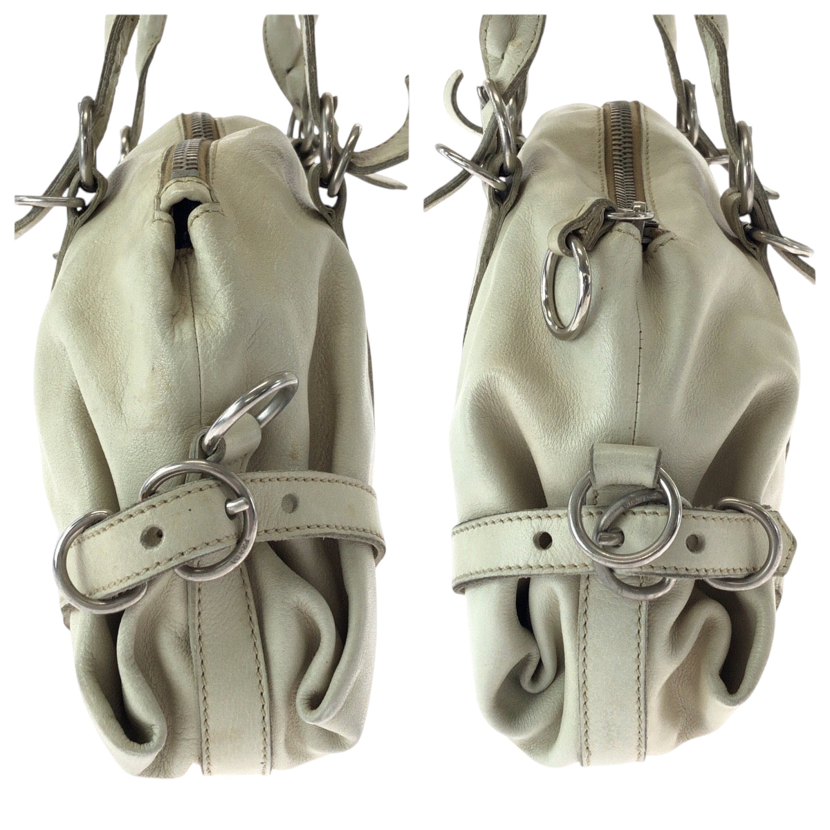 PRADA Handbag leather White SilverMetal Handbag Shoulder Bag Women Used Authentic