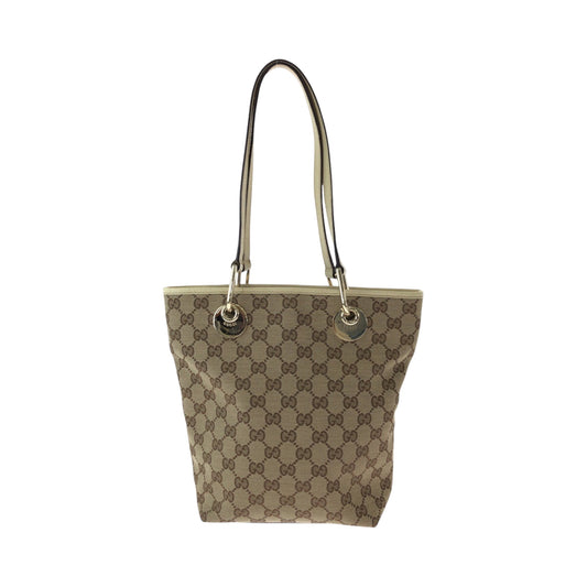 GUCCI Tote Bag 120840 GG canvas Brown Ivory Gold Metal Tote Bag Shoulder Bag Women Used Authentic