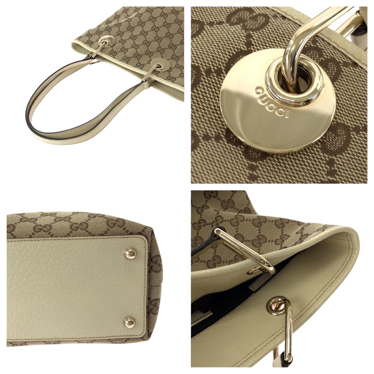 GUCCI Tote Bag 120840 GG canvas Brown Ivory Gold Metal Tote Bag Shoulder Bag Women Used Authentic