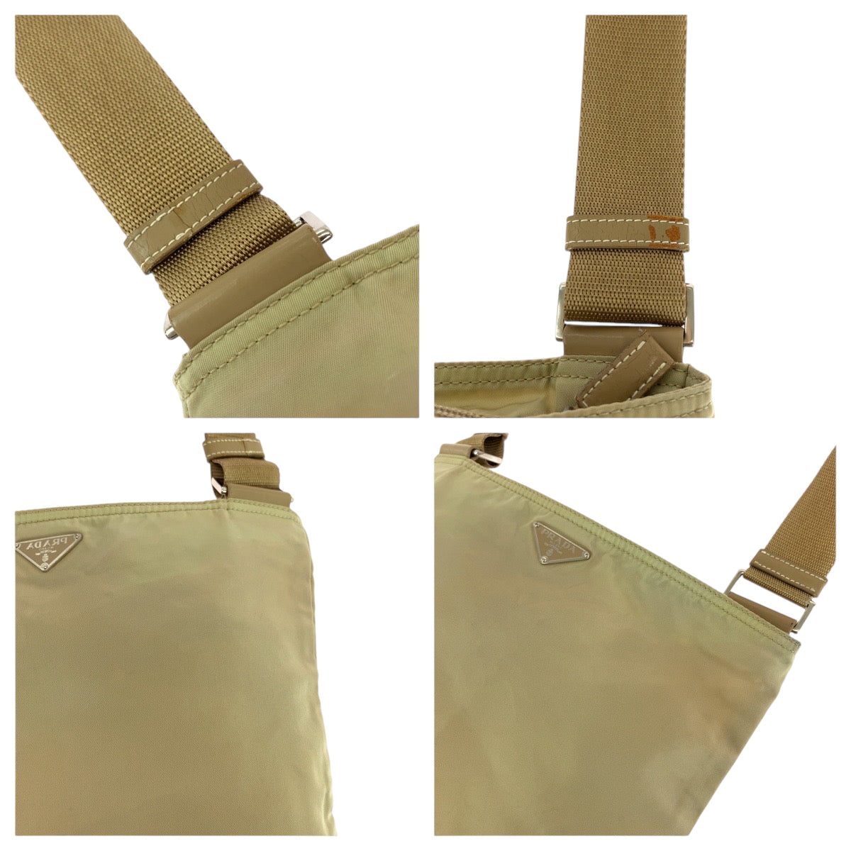 PRADA Shoulder Bag BT0175 Nylon Beige SilverMetal Shoulder Bag pochette Test Triangle With logo Women Used Authentic